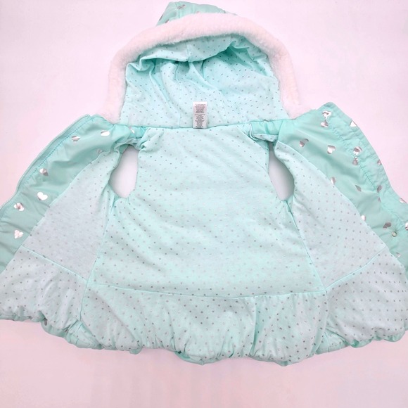 Little Me Girls Mint Green Heart Puffer Vest Ruffle Bow Hooded 4T - Picture 3 of 5